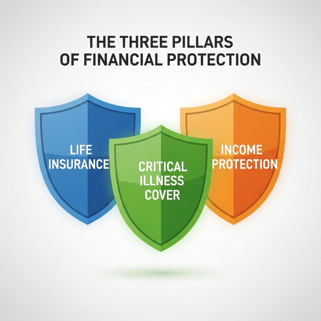 A diagram showing three interlocking shields labelled Life Insurance, Critical Illness Cover, and Income Protection.